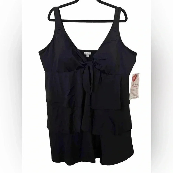 Avenue sz 28 Tiered Black Swim Dress Plus Size One Piece Swimsuit Bow 4th July - Picture 1 of 10